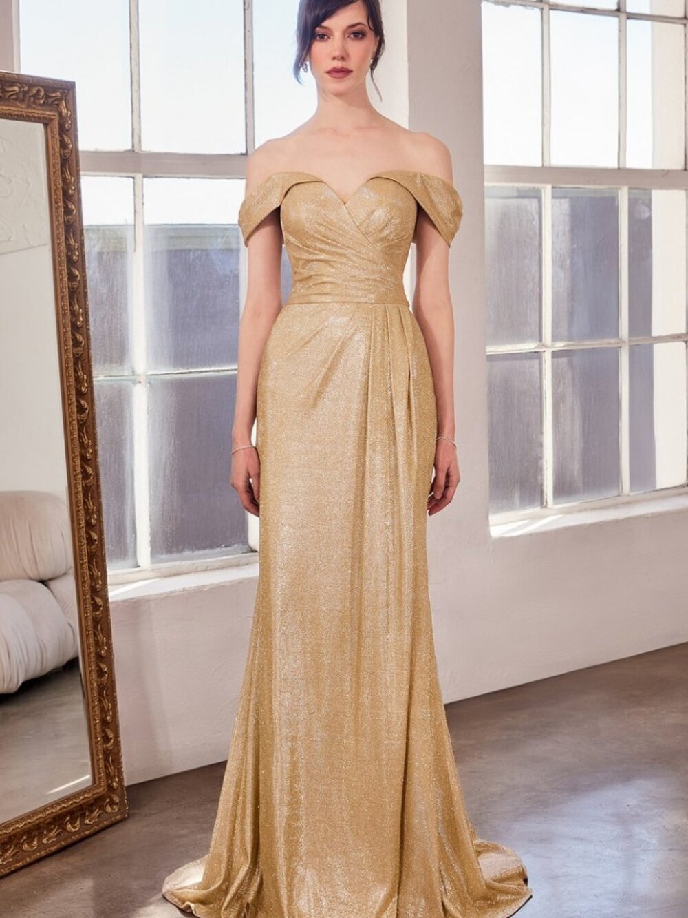 New Off Shoulder Sheath Glitter Dress w/ Leg Slit & Mid-Open Zipper Back CD T605